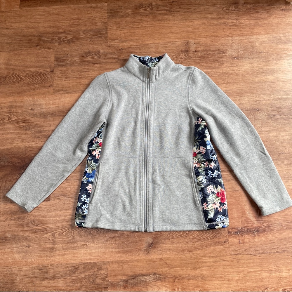 Tommy Bahama Womens Aruba Sweatshirt Full Zip Large Floral Detail Gray Lorena
